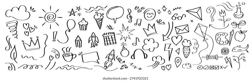 Marker line brush hand drawn doodle shapes heart, cloud, crown, arrow, underline, highlight scribble set. Funky bold sticker collection. Naive brush graphic vector elements.