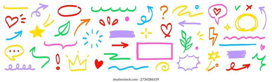 Línea de marcador dibujado a mano flecha, resalte conjunto de garabatos. Dibujo de color dibujado a mano línea de marcador gráfico de forma de elemento de pincel de flecha. Doodle garabato pintura subrayado, iconos de marco de círculo. Ilustración vectorial