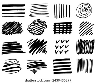 Marker line, ink symbols,  hand drawn black color elements. Realistic Rough Black Marker Brush Ink Line Stroke Set Isolated Collection. Grunge Paper Texture. Swift crossed and wavy underlines