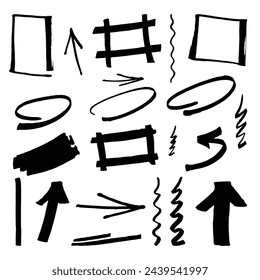 Marker line, ink symbols, hand drawn black color elements. Realistic Rough Black Marker Brush Ink Line Stroke Set Isolated Collection. Grunge Paper Texture. Swift crossed and wavy underlines