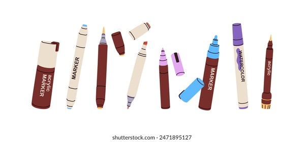 Marcador, forros, bolígrafos y lápices. Herramientas de dibujo, dibujo, escritura y caligrafía. Artículos de arte, accesorios de papelería de diferentes tipos. Ilustración vectorial plana aislada sobre fondo blanco