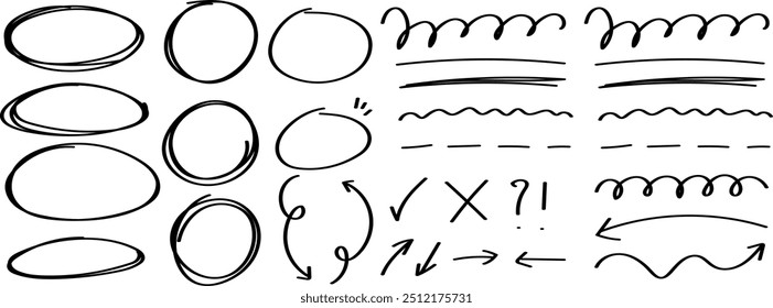 Linhas de marcador isoladas no plano de fundo transparente. Conjunto de diferentes rabiscos, sublinhado, setas. Listras de marcadores desenhadas à mão. Efeito de sublinhado de textura de rastreamento. Vetor EPS 10