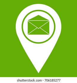 Marker location with envelope sign icon white isolated on green background. Vector illustration