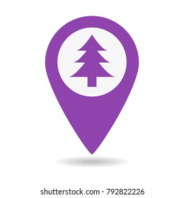 Marker location icon with Christmas tree on white background. Vector illustration
