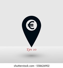 Marker location icon Euro sign, flat design best vector icon