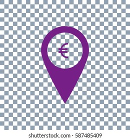Marker location icon Euro sign, flat design best vector icon on transparent background. Violet icon