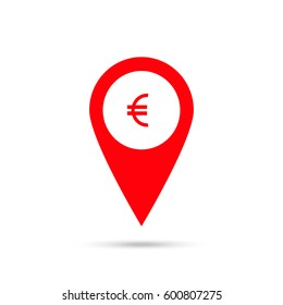 Marker location icon Euro sign, flat design best vector icon. Red icon and gray shadow