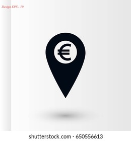 Marker location icon Euro sign, flat design best vector icon