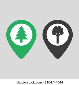 Marker location icon with tree on grey background. Vector illustration