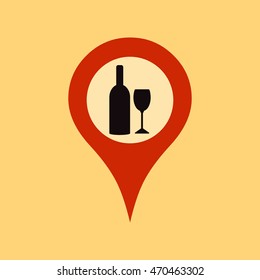 Marker location icon with wine bottle and glass