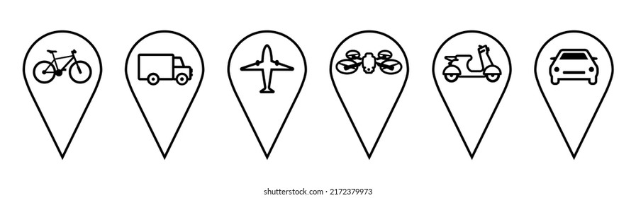 Marker location, orientation, map pin vector icon set. Location icons depicting vehicles: plane, bike, moped, car, truck, drone. Vector illustration in line style