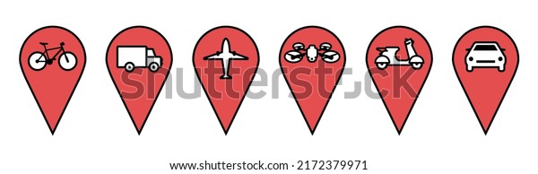 Marker location,\
orientation, map pin vector icon set. Icons pointers of the\
airport, cargo transportation, delivery services, logistics. Vector\
illustration in outline\
style
