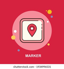 Posición del marcador pin rojo en cuadrado sobre fondo rojo diseño plano de concepto