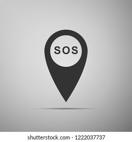 Marker location with SOS icon isolated on grey background. SOS call location marker. Map pointer sign. SOS pinpoint sign with text. Flat design. Vector Illustration