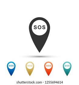 Marker location with SOS icon isolated on white background. SOS call location marker. Map pointer sign. SOS pinpoint sign with text. Set elements in colored icons. Flat design. Vector Illustration