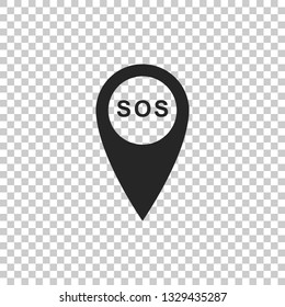 Marker location with SOS icon isolated on transparent background. SOS call location marker. Map pointer sign. SOS pinpoint sign with text. Flat design. Vector Illustration