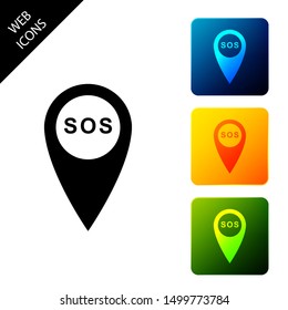 Marker location with SOS icon isolated. SOS call location marker. Map pointer sign. SOS pinpoint sign with text. Set icons colorful square buttons. Vector Illustration