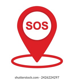 Marker location with SOS. Red mapping with SOS. Vector icon. Map pin, SOS sign. Help concept.10 eps. SOS alarm phone map pointer for apps.