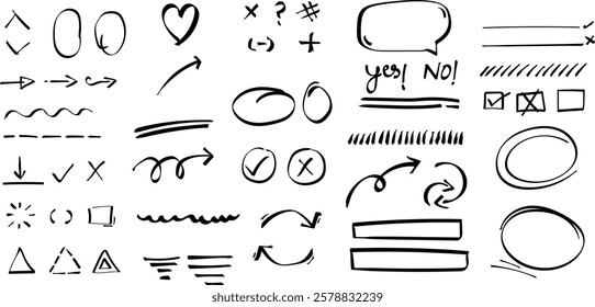 Marker mark set,Ink marker underline Design set,Highlighter scribbles collection,Hand made set,marks and arrow design set,wonky lines.  