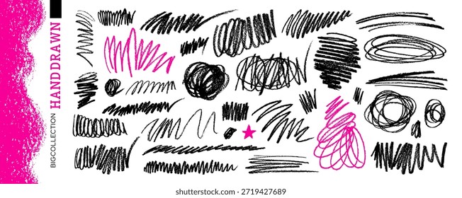 Marker chaotisch Kritzelsatz. Linienstiftmarkierer-Kritzel. Durcheinander squiggle mit Bleistift, Buntstift, Pinsel Textur. Ausdrucksstarke Skizze bg. Handschriftfarbe. Grünkohle-Markierungsvektor. Raue Kunst