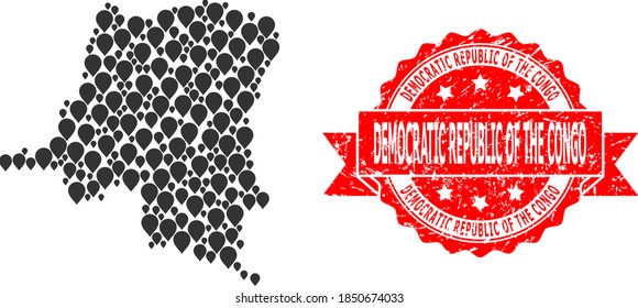 Marker mosaic map of Democratic Republic of the Congo and grunge ribbon seal. Red stamp includes Democratic Republic of the Congo caption inside ribbon.