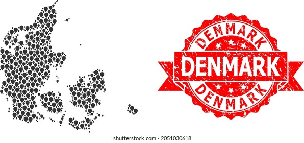 Marker mosaic map of Denmark and grunge ribbon seal. Red seal contains Denmark tag inside ribbon. Abstract map of Denmark is organized of random marker icons. Abstract plan.