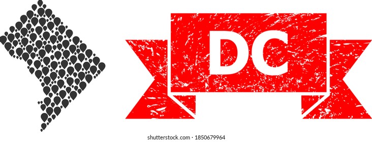 Marker mosaic map of District Columbia and scratched ribbon stamp. Red stamp includes DC text inside ribbon. Abstract map of District Columbia is done with randomized marker elements. Tourism plan.