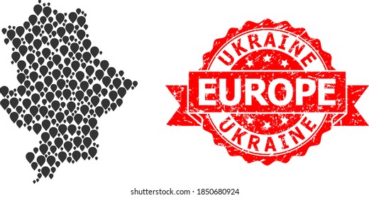 Marker mosaic map of Donetsk Republic and scratched ribbon stamp. Red stamp has Ukraine Europe title inside ribbon. Abstract map of Donetsk Republic is organized of random guide icons. Tourism plan.