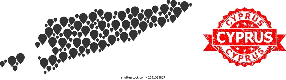 Marker mosaic map of East Timor and scratched ribbon watermark. Red seal has Cyprus caption inside ribbon. Abstract map of East Timor is composed of scattered marker items. Abstract plan.