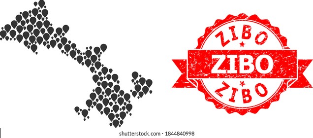 Marker-Mosaikkarte der Provinz Gansu und gekratztes Bandsiegel. Rote Stempelrobbe enthält Zibo-Text in der Schleife. Abstrakte Landkarte der Provinz Gansu ist mit zufälligen Markerelementen organisiert.