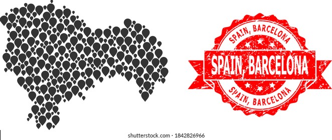 Marker mosaic map of Guadalajara Province and grunge ribbon stamp. Red stamp has Spain, Barcelona text inside ribbon. Abstract map of Guadalajara Province is formed with randomized aim icons.