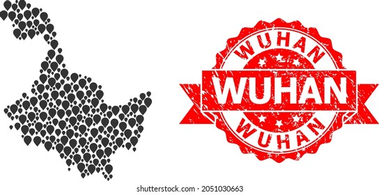 Marker mosaic map of Heilongjiang Province and grunge ribbon watermark. Red stamp contains Wuhan caption inside ribbon. Abstract map of Heilongjiang Province is formed of randomized pin symbols.