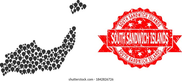 Marker mosaic map of Inagua Islands and grunge ribbon stamp. Red stamp contains South Sandwich Islands caption inside ribbon. Abstract map of Inagua Islands is done of randomized pin icons.