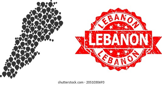 Marker mosaic map of Lebanon and scratched ribbon stamp. Red stamp seal includes Lebanon tag inside ribbon. Abstract map of Lebanon is organized with randomized marker symbols. Abstract scheme.