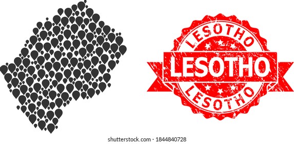 Mapa de mosaico de marcadores de Lesoto y sello de cinta rasgada. El sello rojo tiene la etiqueta de Lesoto dentro de la cinta. El mapa abstracto de Lesoto se hace a partir de elementos punteros aleatorizados. Esquema abstracto.