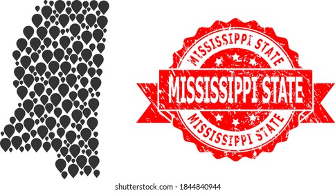 Mapa de mosaico de marcas del estado de Mississippi y sello de cinta rasgada. El sello rojo tiene la etiqueta del estado de Mississippi dentro de la cinta. El mapa abstracto del estado de Mississippi está diseñado con elementos de marca dispersa.
