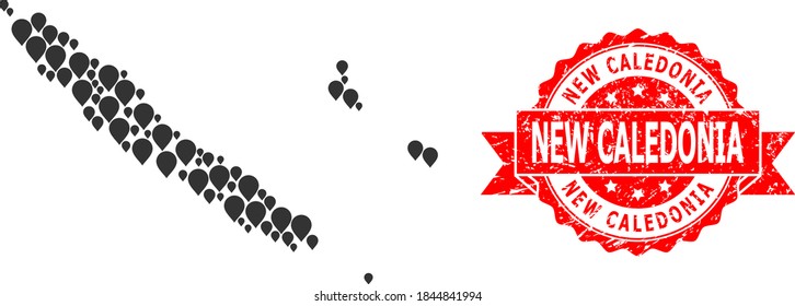 Mapa de mosaico de marcas de Nueva Caledonia y sello de cinta rasgada. El sello rojo contiene la etiqueta de Nueva Caledonia dentro de la cinta. Se crea un mapa abstracto de Nueva Caledonia con marcadores aleatorizados.