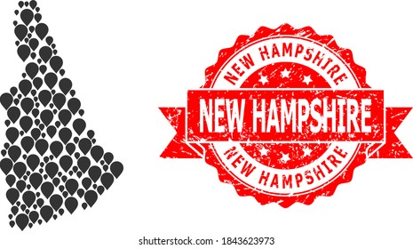 Marker mosaic map of New Hampshire State and grunge ribbon seal. Red seal contains New Hampshire title inside ribbon. Abstract map of New Hampshire State is composed of randomized guide items.