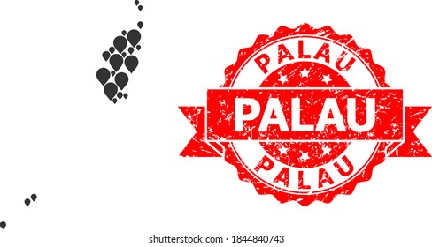 Marker mosaic map of Palau Islands and scratched ribbon stamp. Red stamp seal has Palau caption inside ribbon. Abstract map of Palau Islands is composed of randomized mark items. Abstract plan.