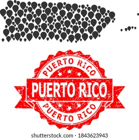 Marker mosaic map of Puerto Rico and scratched ribbon stamp. Red stamp seal has Puerto Rico title inside ribbon. Abstract map of Puerto Rico is created of random mark icons. Abstract scheme.