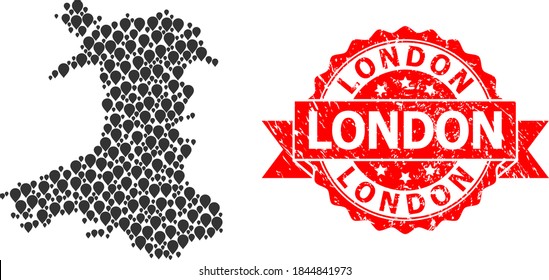 Marker mosaic map of Wales and grunge ribbon seal. Red stamp seal includes London caption inside ribbon. Abstract map of Wales is organized with scattered marker icons. Abstract plan.