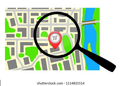 The marker on the city map under the magnifying glass.