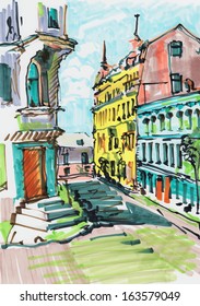 marker painting of cityscape, vector version