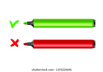 Marker pen with cross and check mark select. Vote choice signs checkbox.