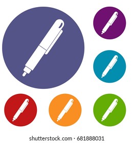 Marker pen icons set in flat circle red, blue and green color for web
