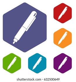 Marker pen icons set hexagon isolated vector illustration