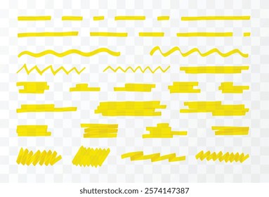 Marker pen lines yellow vector set. Overlay brush pen hand drawn underline strokes. Highlighter collection, wavy, dashed and zigzag brush lines. Realistic highlighter graphic design elements