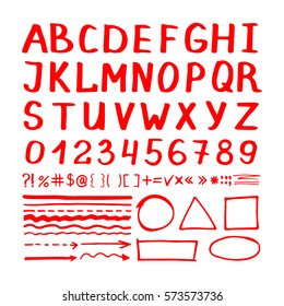 Marker pen red hand written vector elements on white background. Number, letters and arrows icons collection