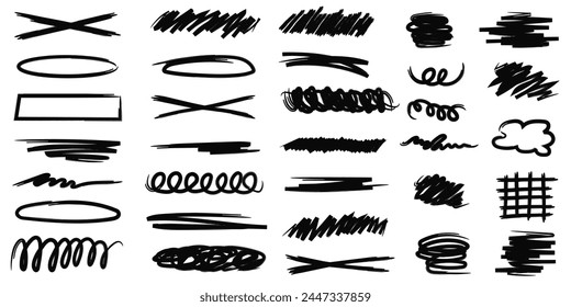 Marker pen strokes. Collection of scribble lines and brush strokes. Vector illustration of scribbles.