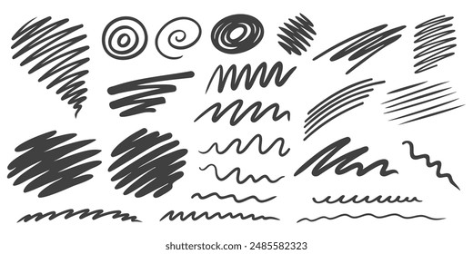Marker pen strokes. Collection of scribble lines and brush strokes. Vector illustration of scribbles.